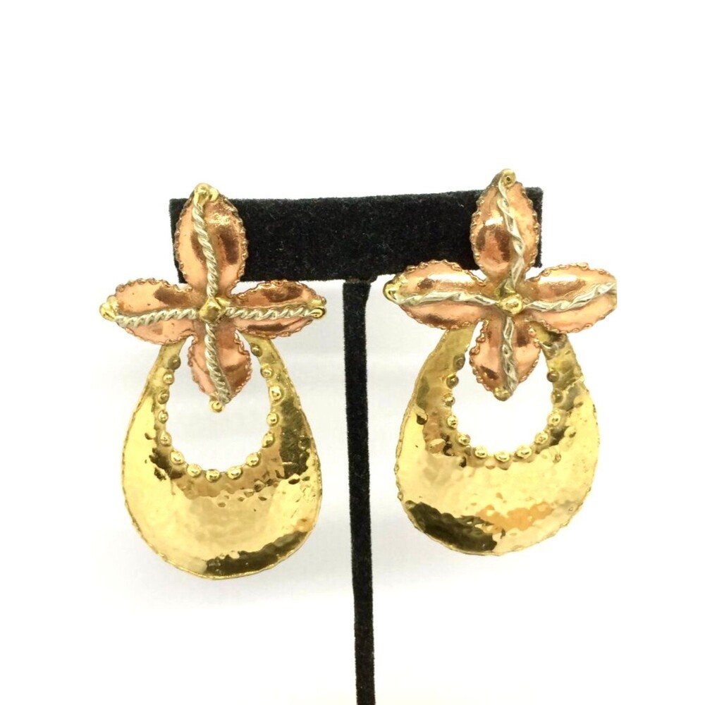 Vintage Statement Earrings Hammered Gold Tone Floral Mixed Metal Hoop Flower 80s